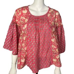Rachel Zoe Pink Boho Top Medium Block Print India Cotton Gauzy